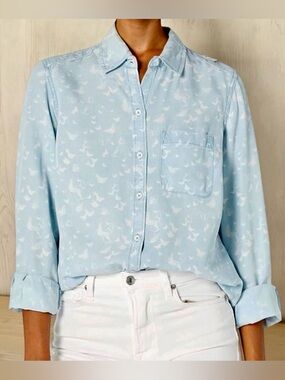 Foxcroft Haven Butterfly Bluewash Lyocell Long Sleeves Shirt Top 10 NWT $108